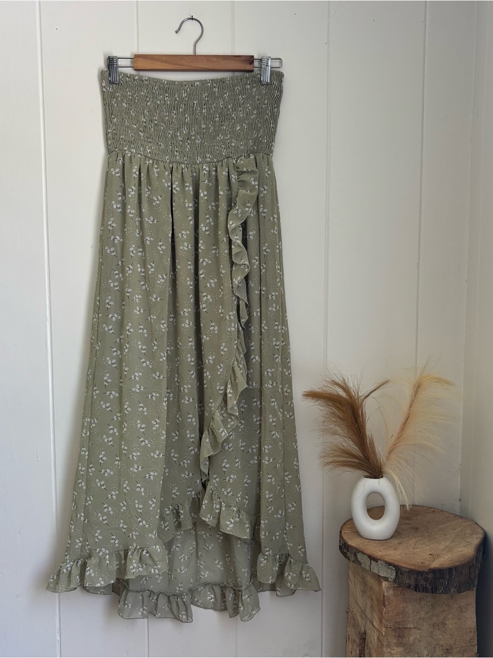Smocked Strapless Sage Floral Ruffle Maxi Dress